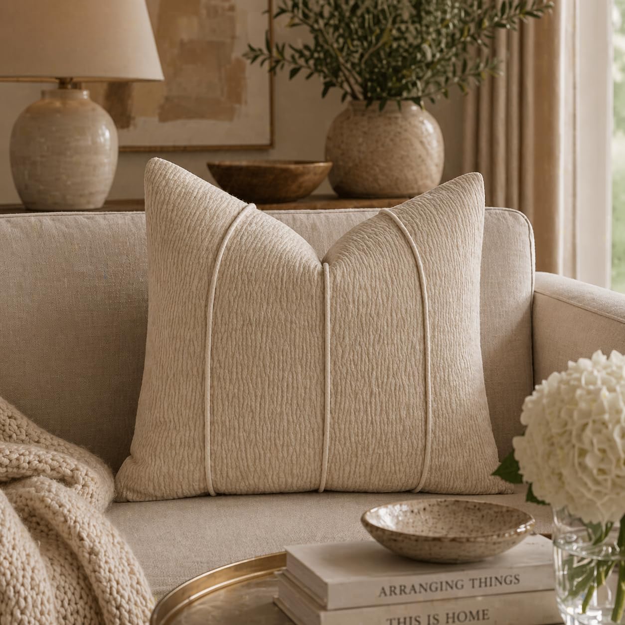 Beige Chenille Lumbar Throw Pillow with Insert — 12" × 20"