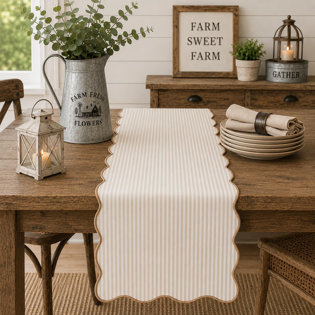 Natural Scalloped Stripe Table Runner — 16" × 72"
