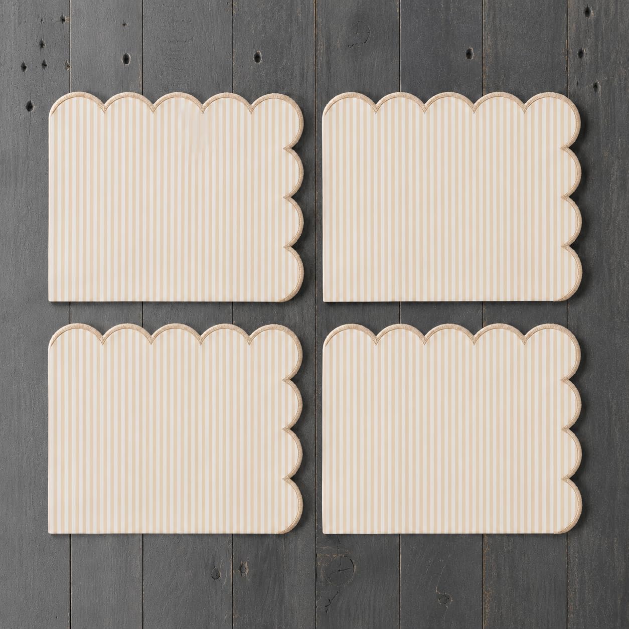 Natural Scalloped Stripe Cloth Napkins — Set of 4