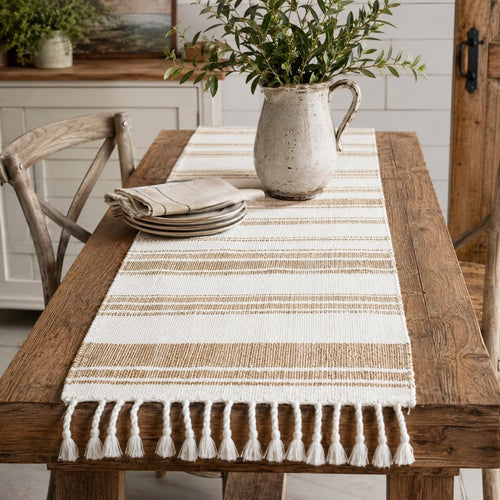 Cotton & Jute Tassel Table Runner — 14" × 72"