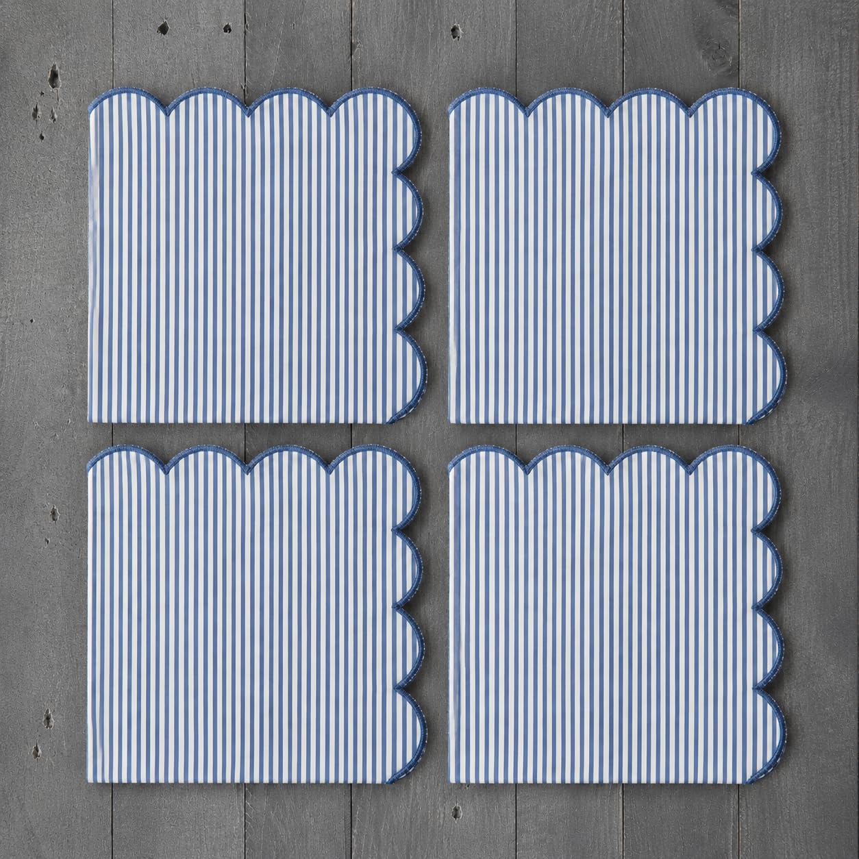 Natural Scalloped Stripe Cloth Napkins — Set of 4