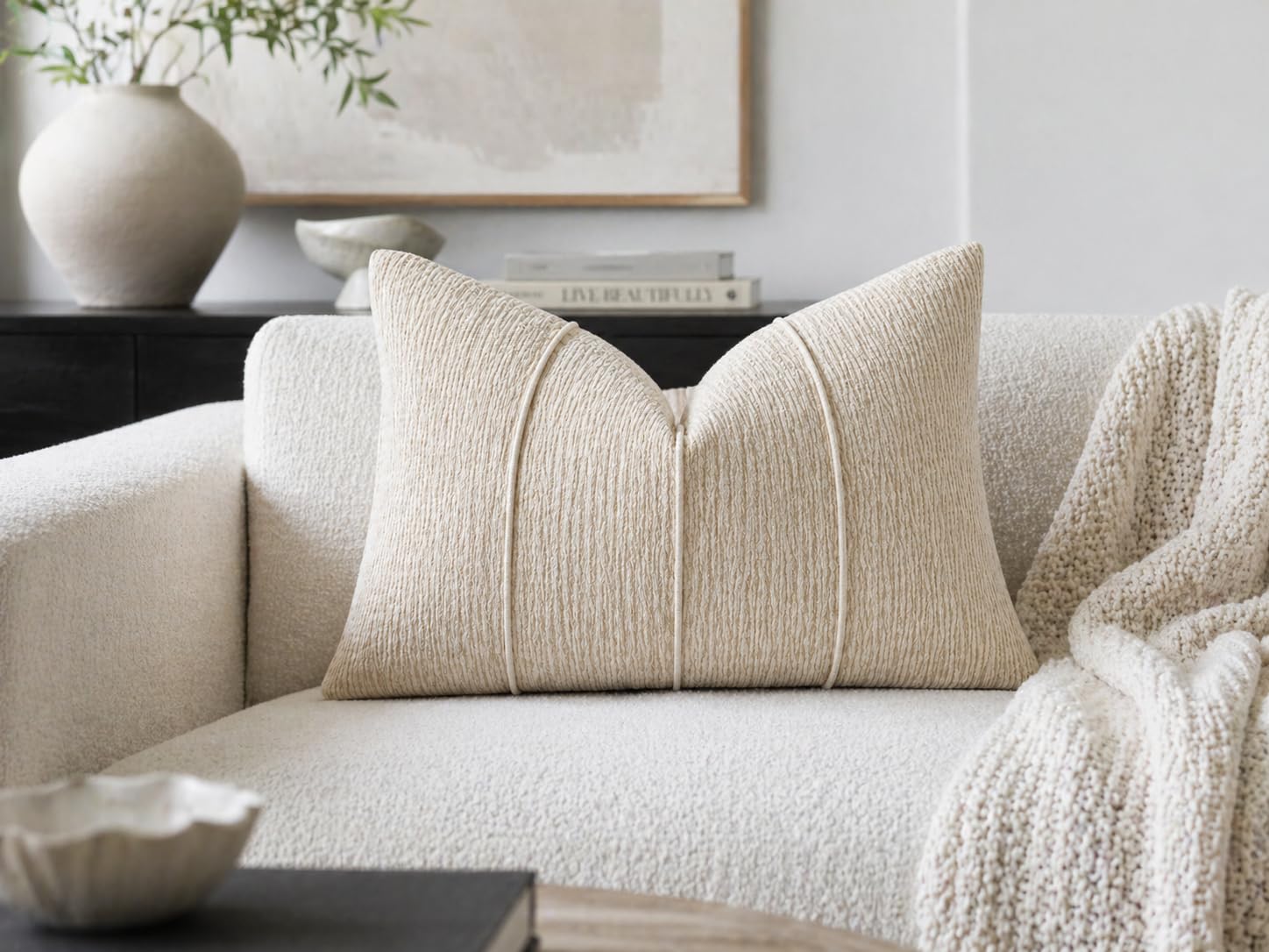 Beige Chenille Lumbar Throw Pillow with Insert — 12" × 20"