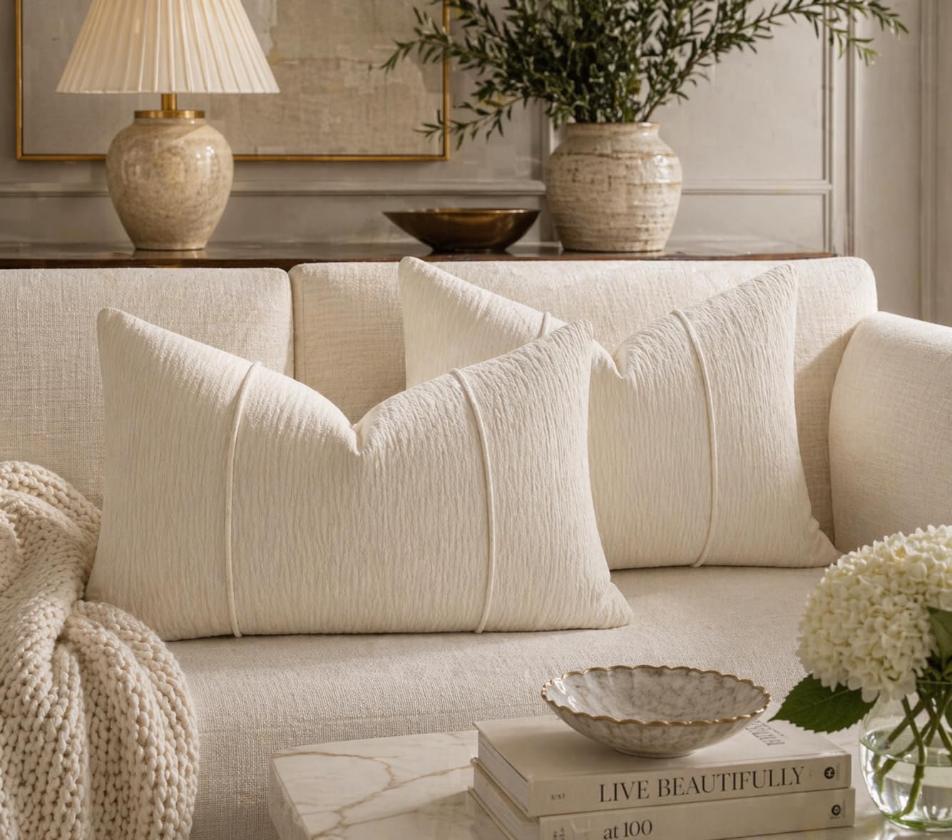 Beige Chenille Lumbar Throw Pillow with Insert — 12" × 20"