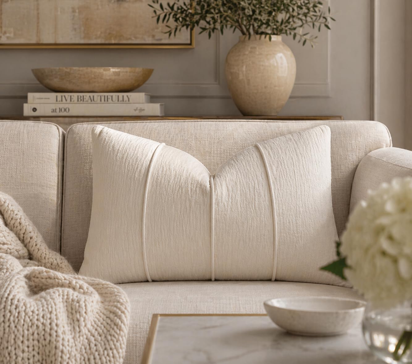 Beige Chenille Lumbar Throw Pillow with Insert — 12" × 20"