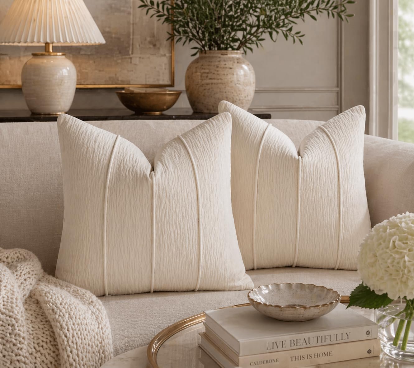 Beige Chenille Lumbar Throw Pillow with Insert — 12" × 20"