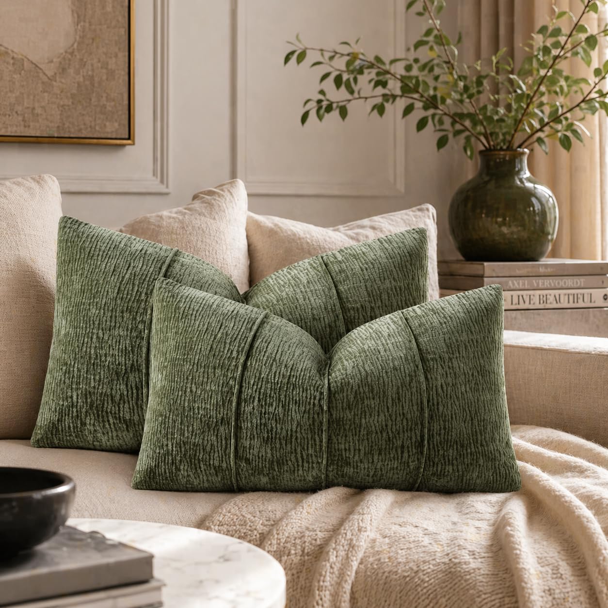 Beige Chenille Lumbar Throw Pillow with Insert — 12" × 20"