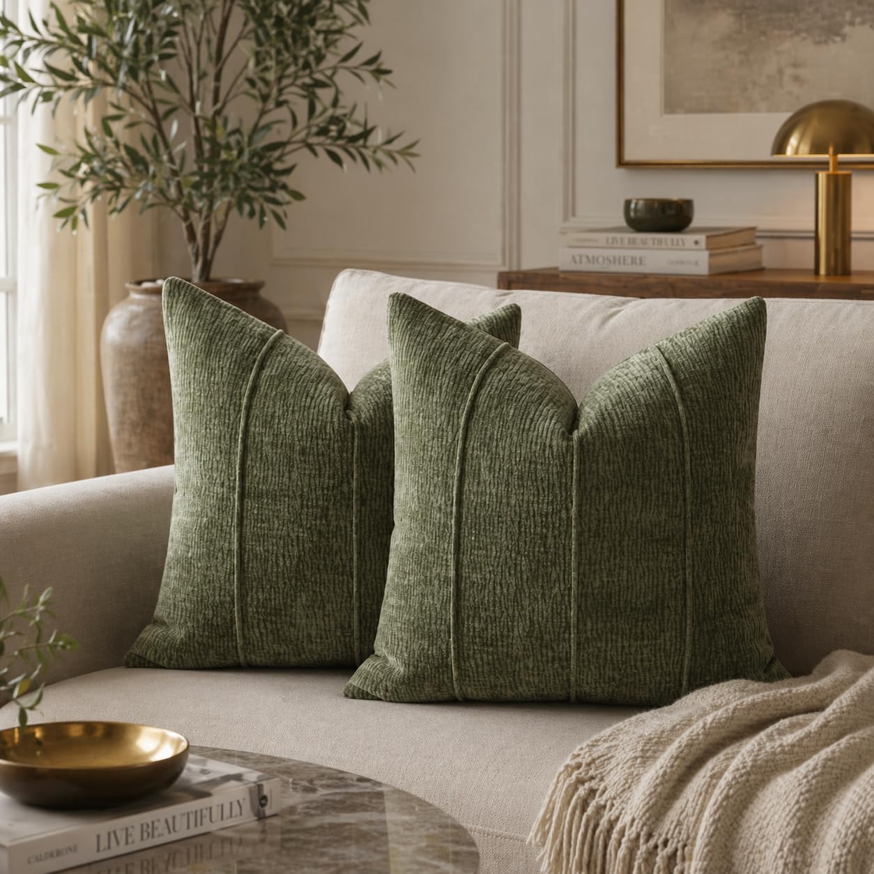 Beige Chenille Lumbar Throw Pillow with Insert — 12" × 20"