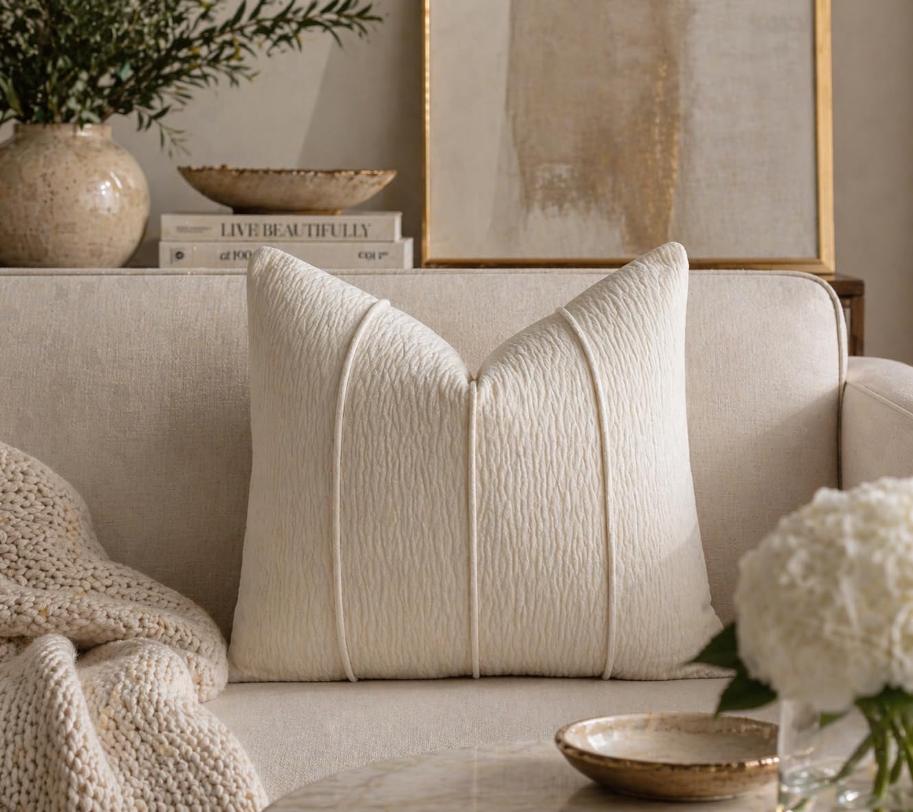 Beige Chenille Lumbar Throw Pillow with Insert — 12" × 20"