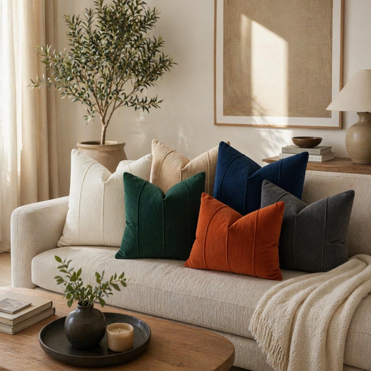 Beige Chenille Lumbar Throw Pillow with Insert — 12" × 20"