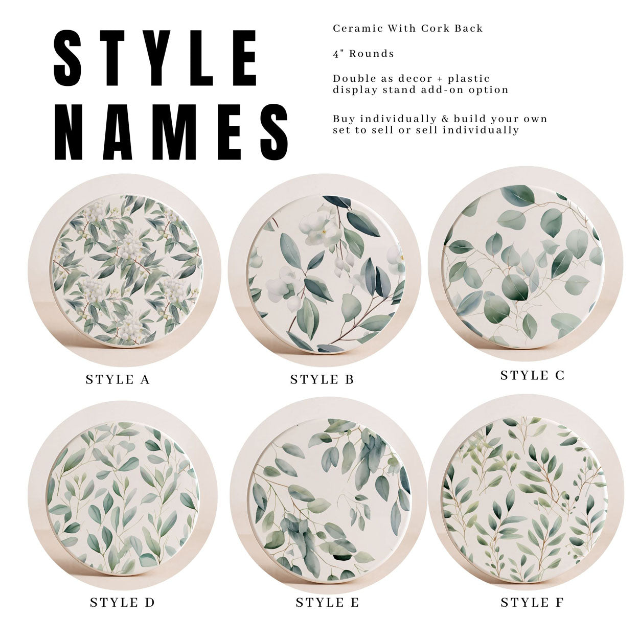 Eucalyptus Ceramic Coasters — Set of 6
