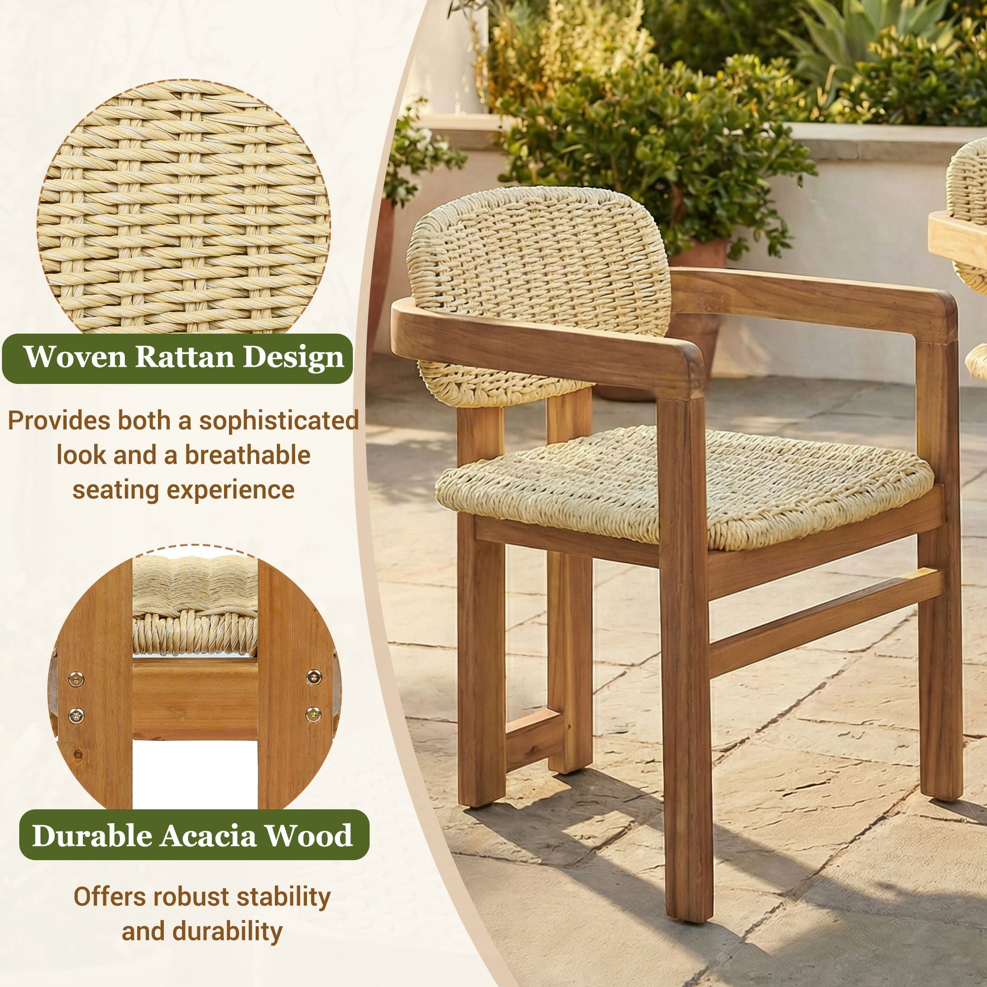 Acacia Wood & Rattan Patio Armchairs - Set of 2