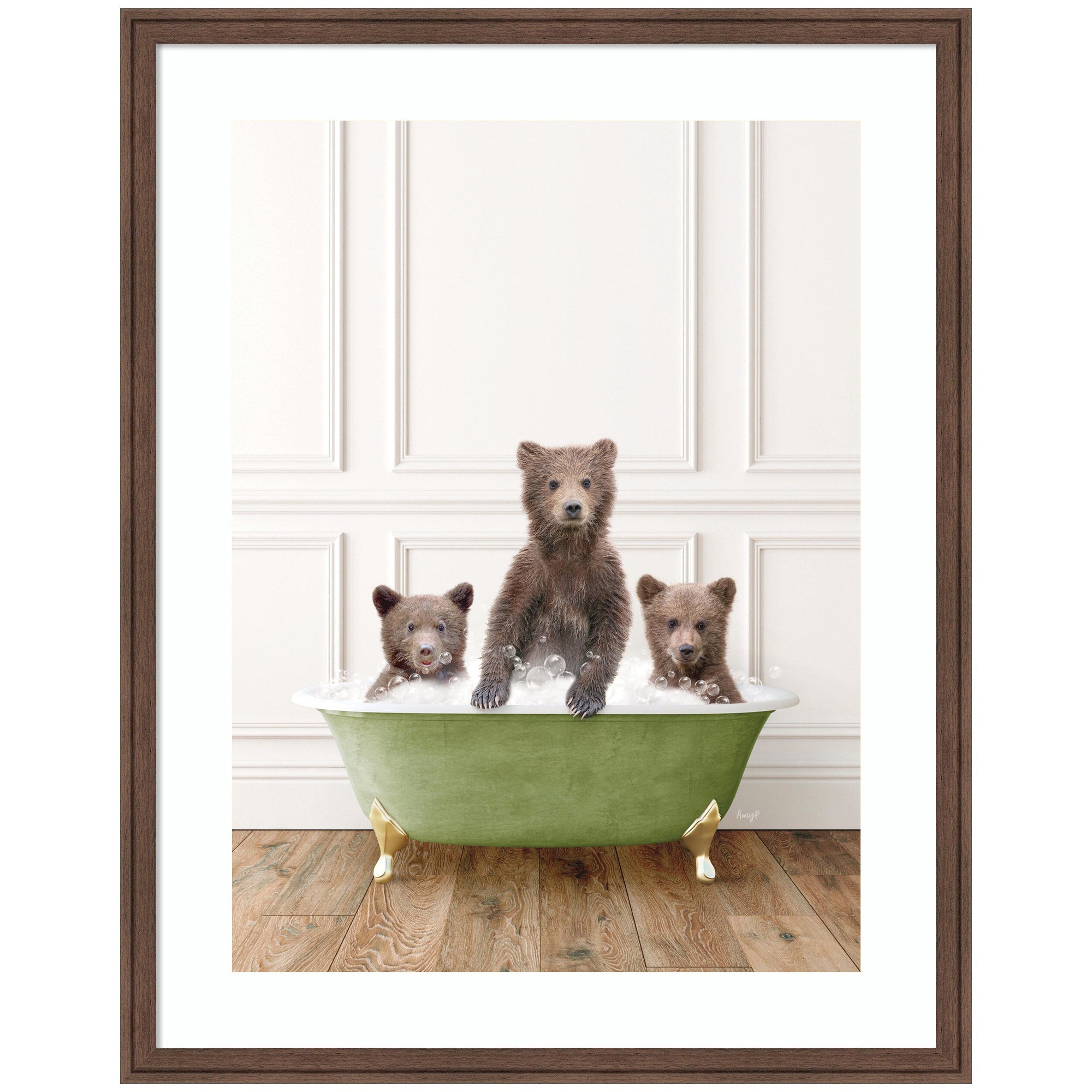 Three Bear Cubs in Bathtub Framed Wall Art Print