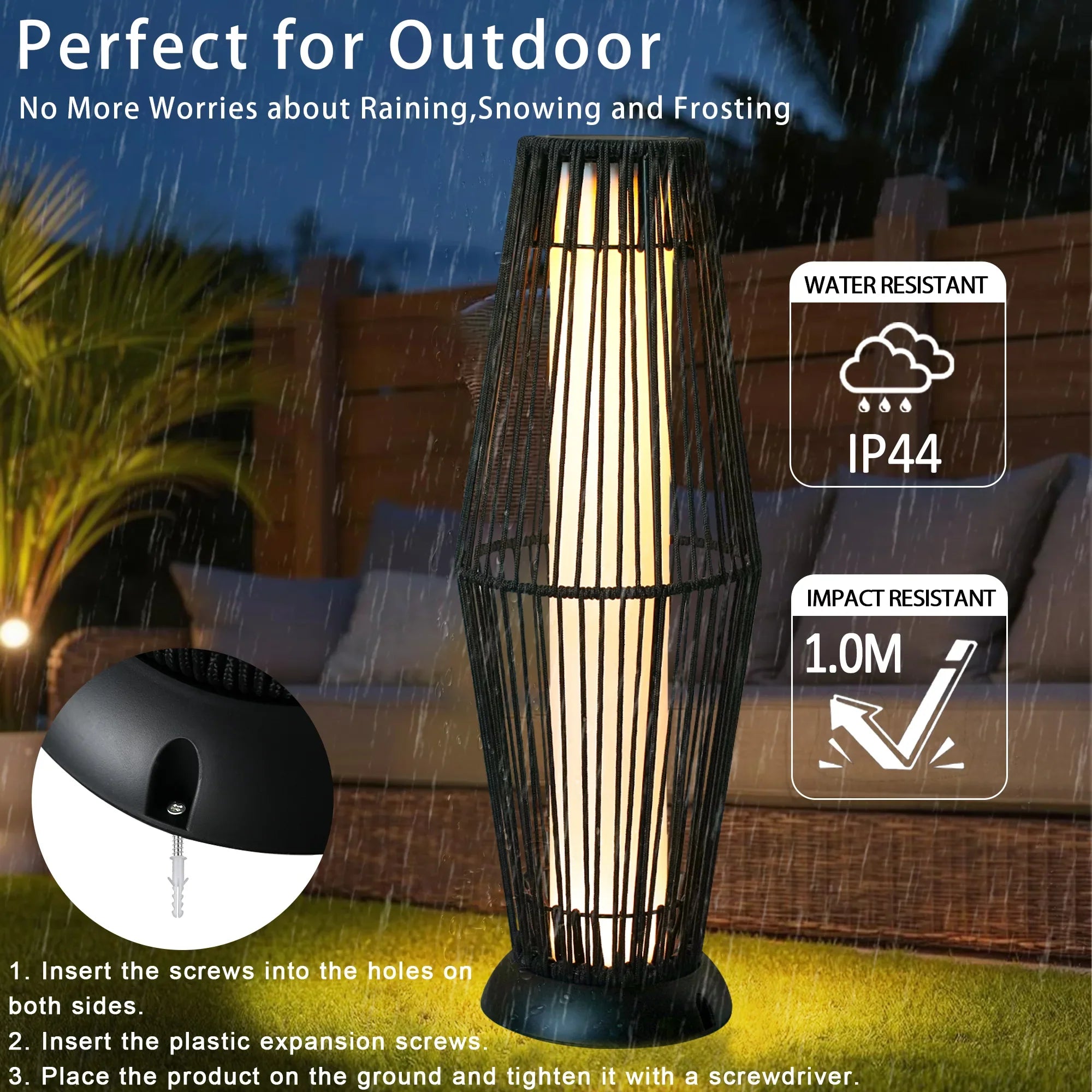 2-Piece Grey Solar Wicker Patio Lamp Set