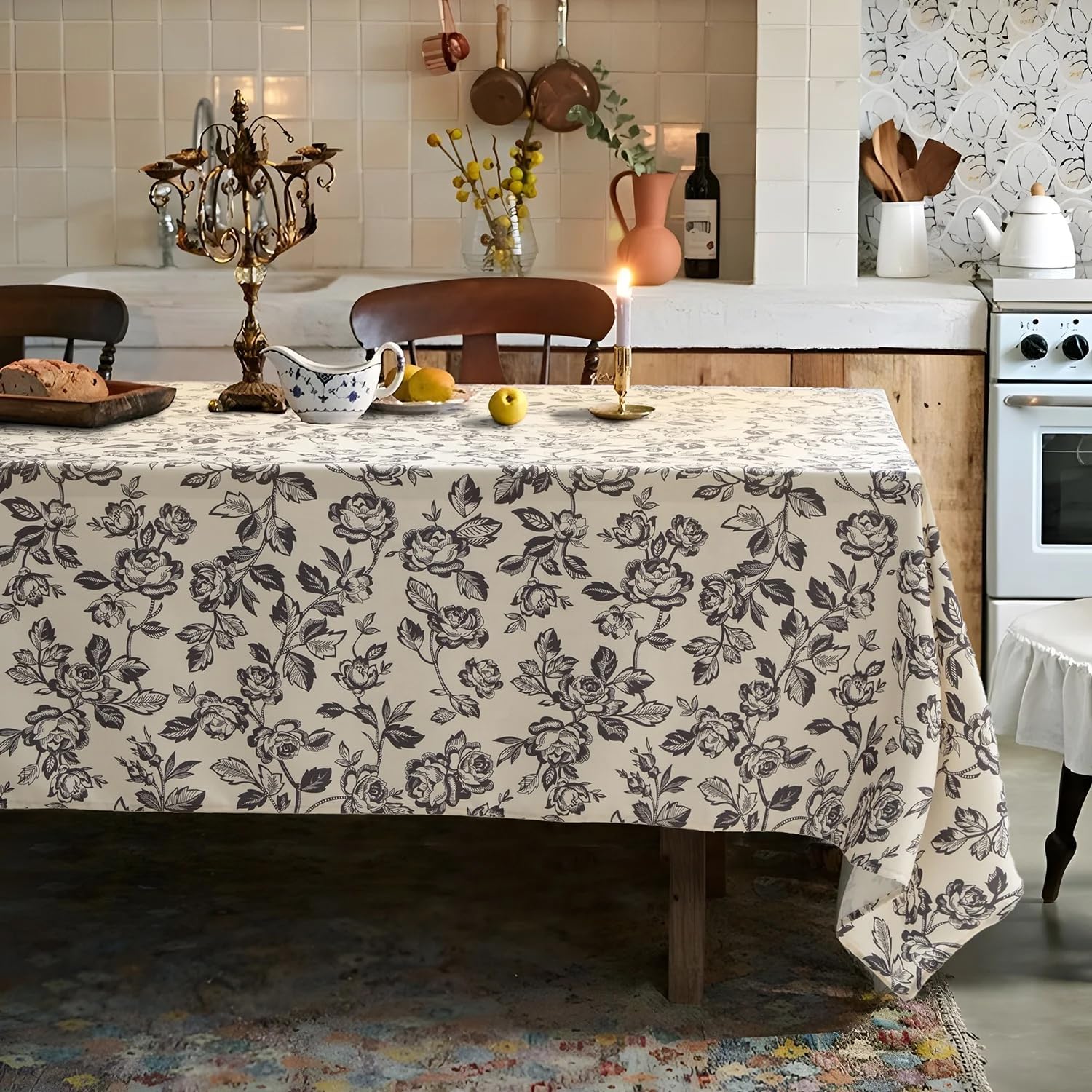 Vintage Black Rose Print Tablecloth — 56" × 88"