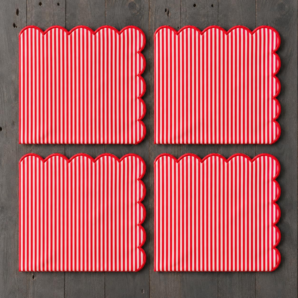 Natural Scalloped Stripe Cloth Napkins — Set of 4