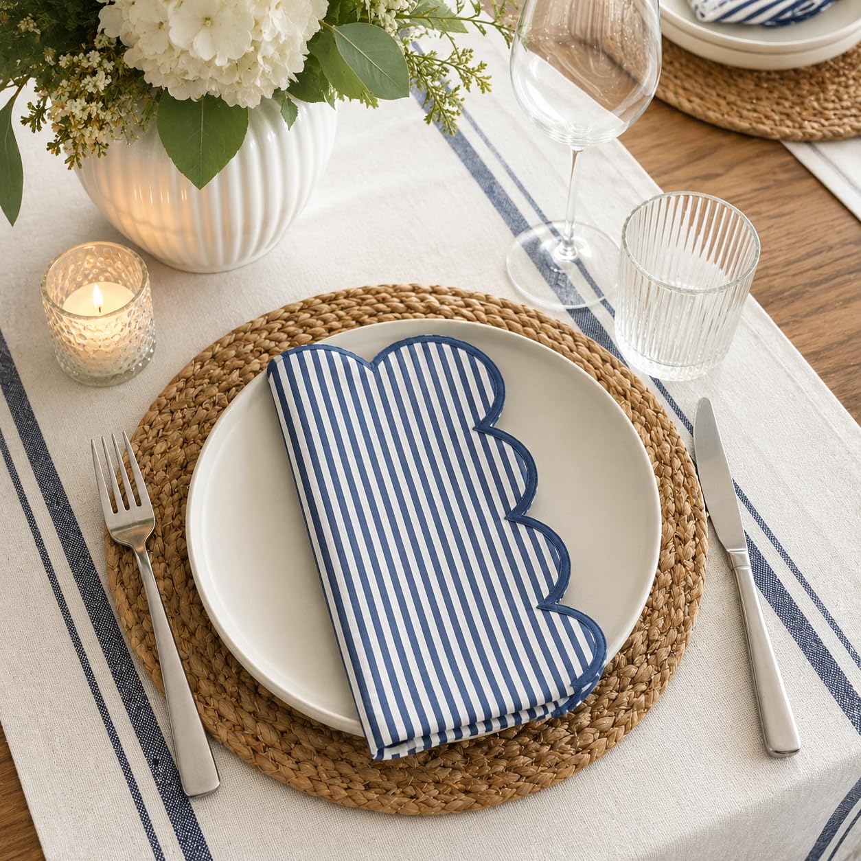 Natural Scalloped Stripe Cloth Napkins — Set of 4