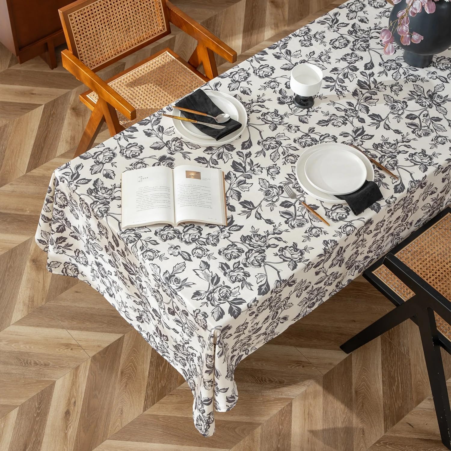 Vintage Black Rose Print Tablecloth — 56" × 88"