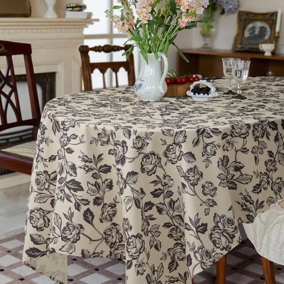 Vintage Black Rose Print Tablecloth