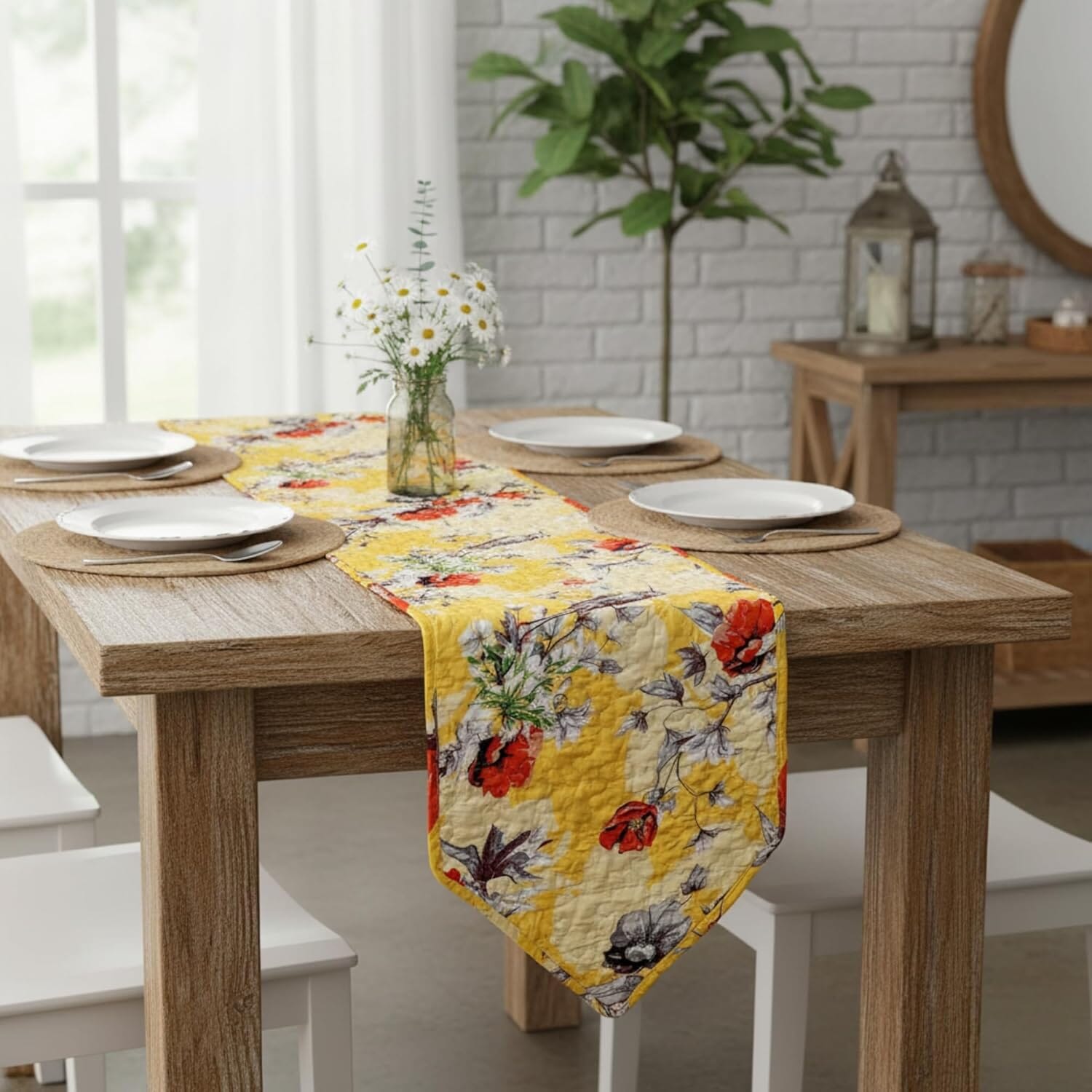 DaDalogy Bedding Sunshine Yellow Floral Vintage Hummingbirds Garden Table Runner (925)