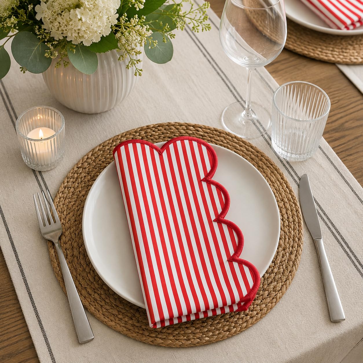 Natural Scalloped Stripe Cloth Napkins — Set of 4