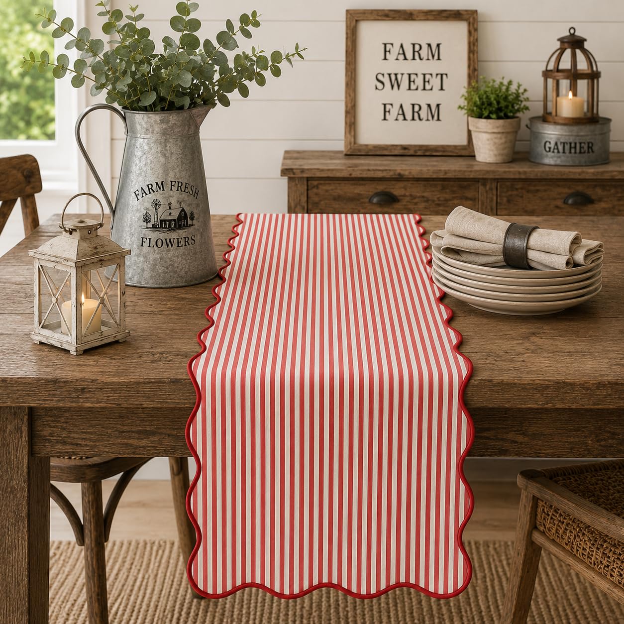 Natural Scalloped Stripe Table Runner — 16" × 72"