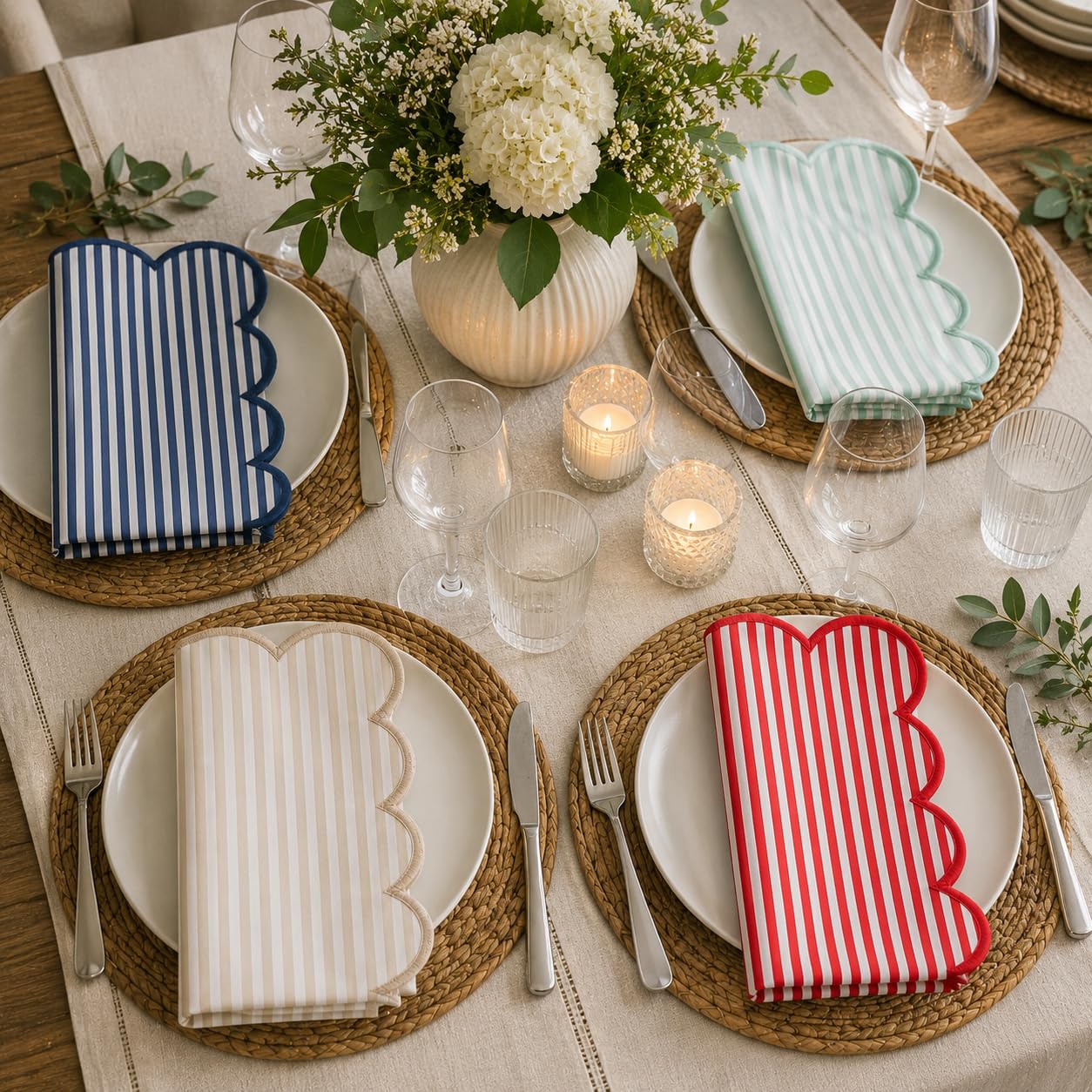 Natural Scalloped Stripe Cloth Napkins — Set of 4