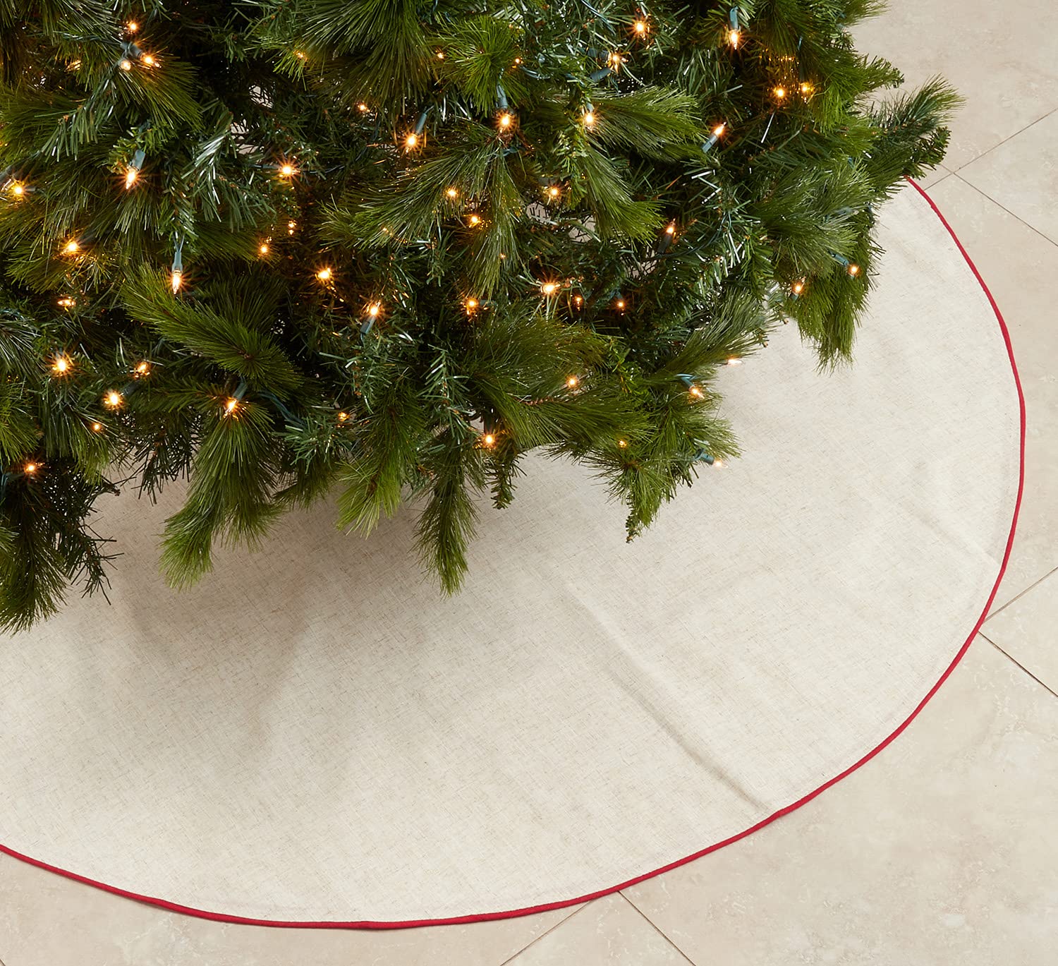 Red Piping Linen-Blend Christmas Tree Skirt — 56"