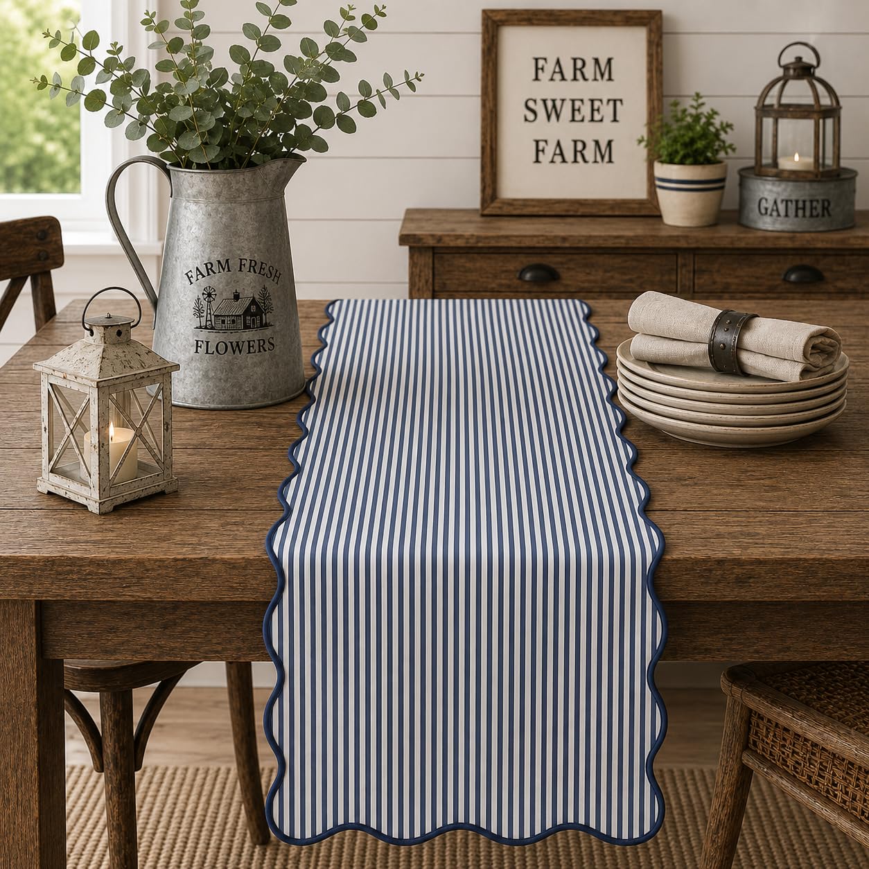 Natural Scalloped Stripe Table Runner — 16" × 72"
