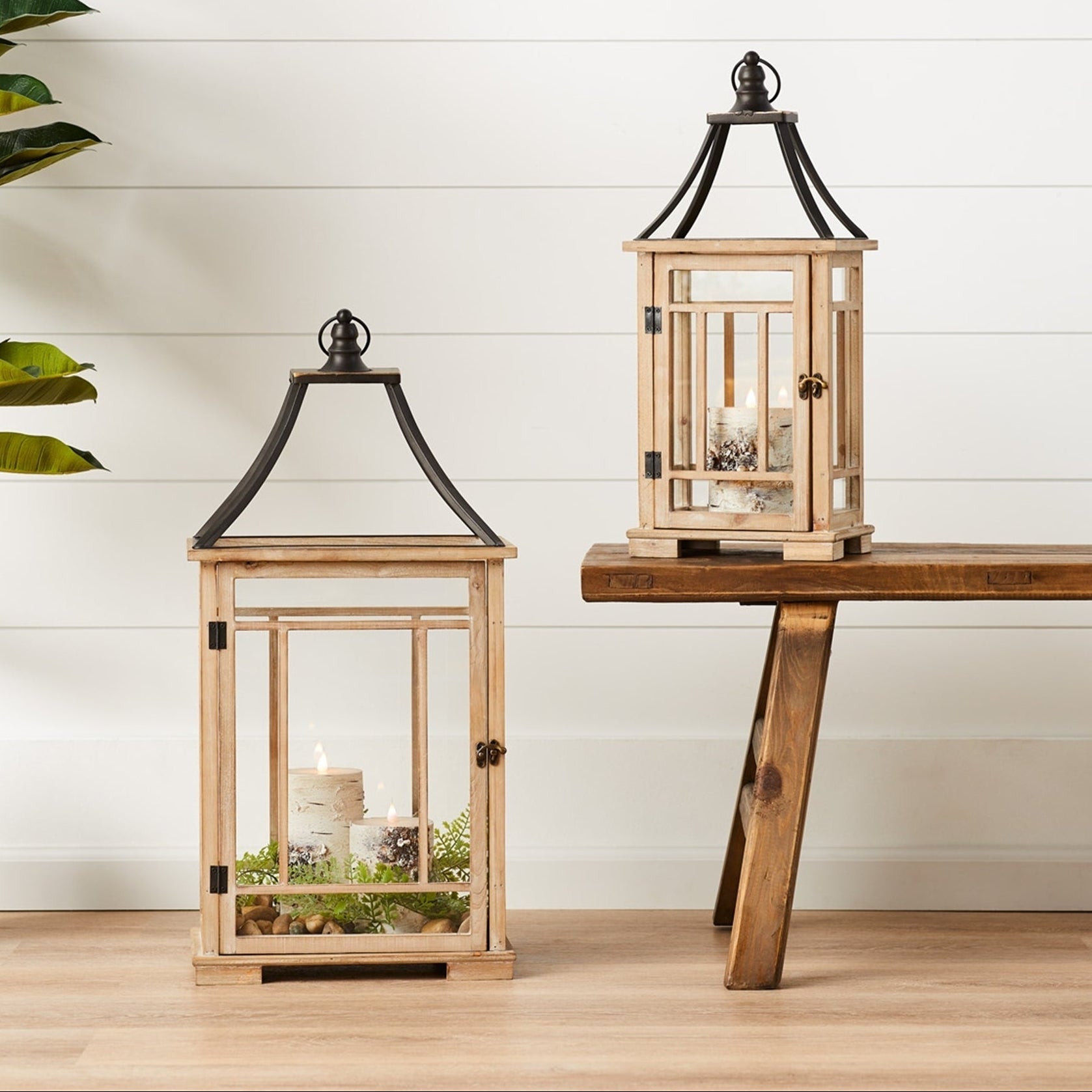 Natural Wood Lanterns with Open Metal Lids — Set of 2