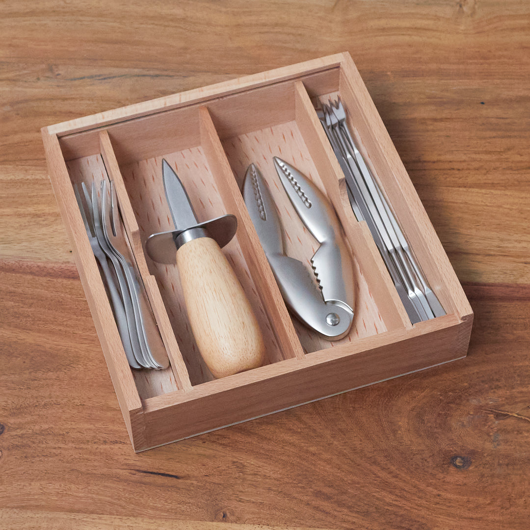 French twelve-piece stainless steel seafood serving set in wooden box
