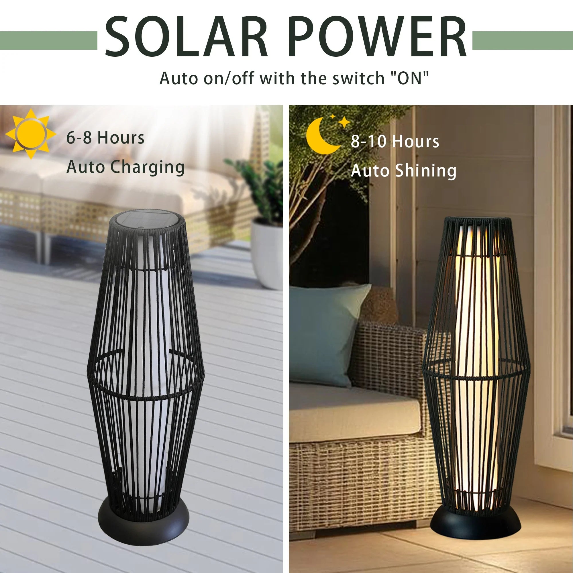 2-Piece Grey Solar Wicker Patio Lamp Set