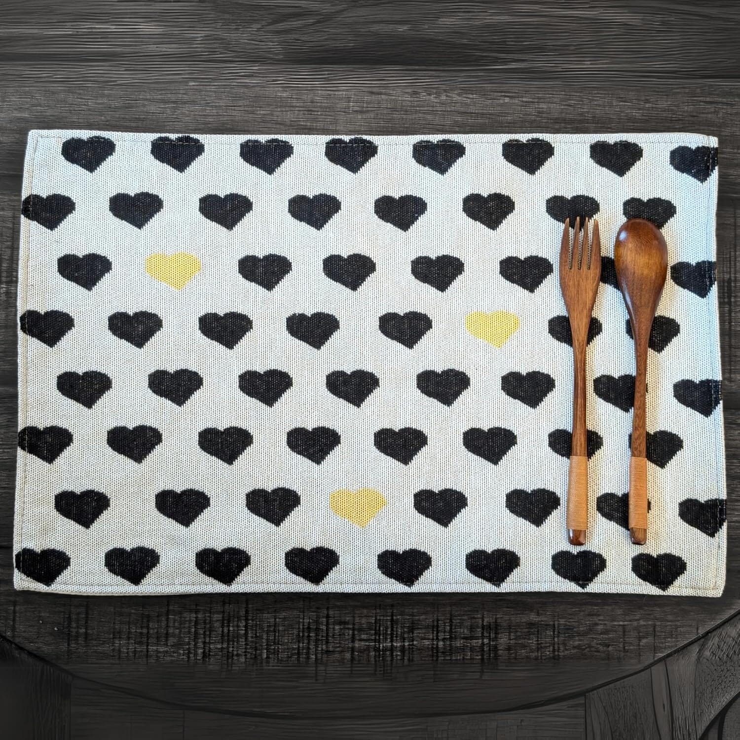 DaDa Bedding Set of 4-Pieces Valentine's day Yellow & Black Hearts Tapestry Dining Table Placemats 13” x 19” (18113)