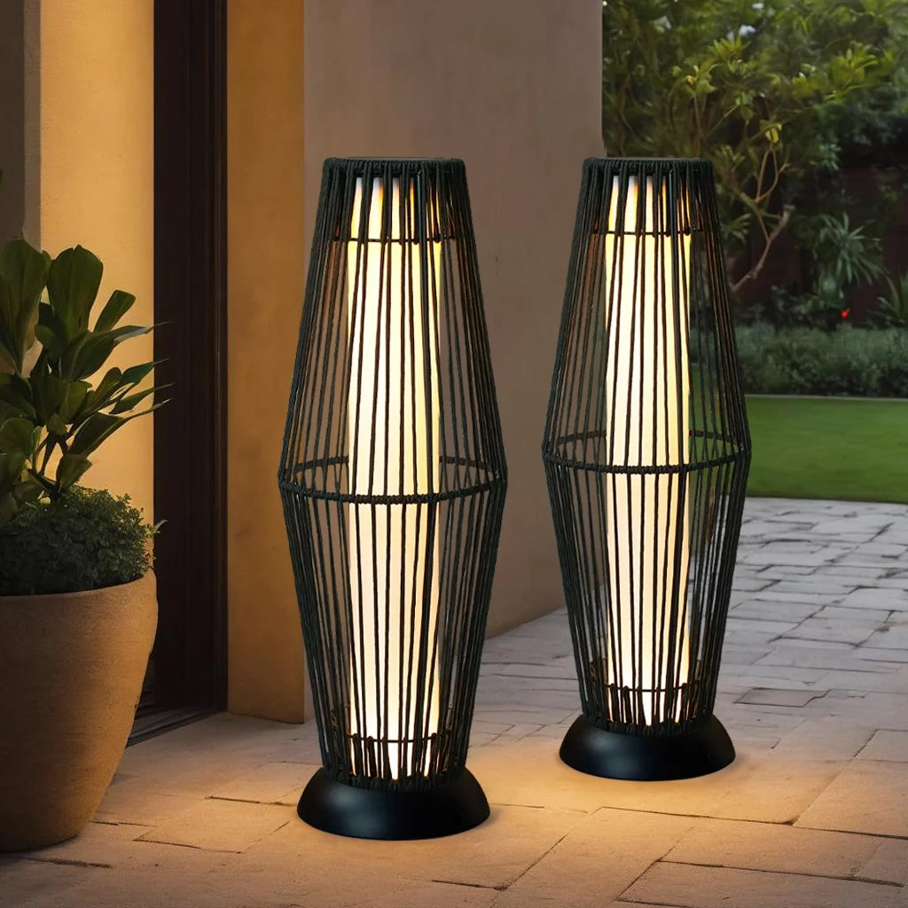 Two-piece grey solar wicker patio lamp set by JHY Design