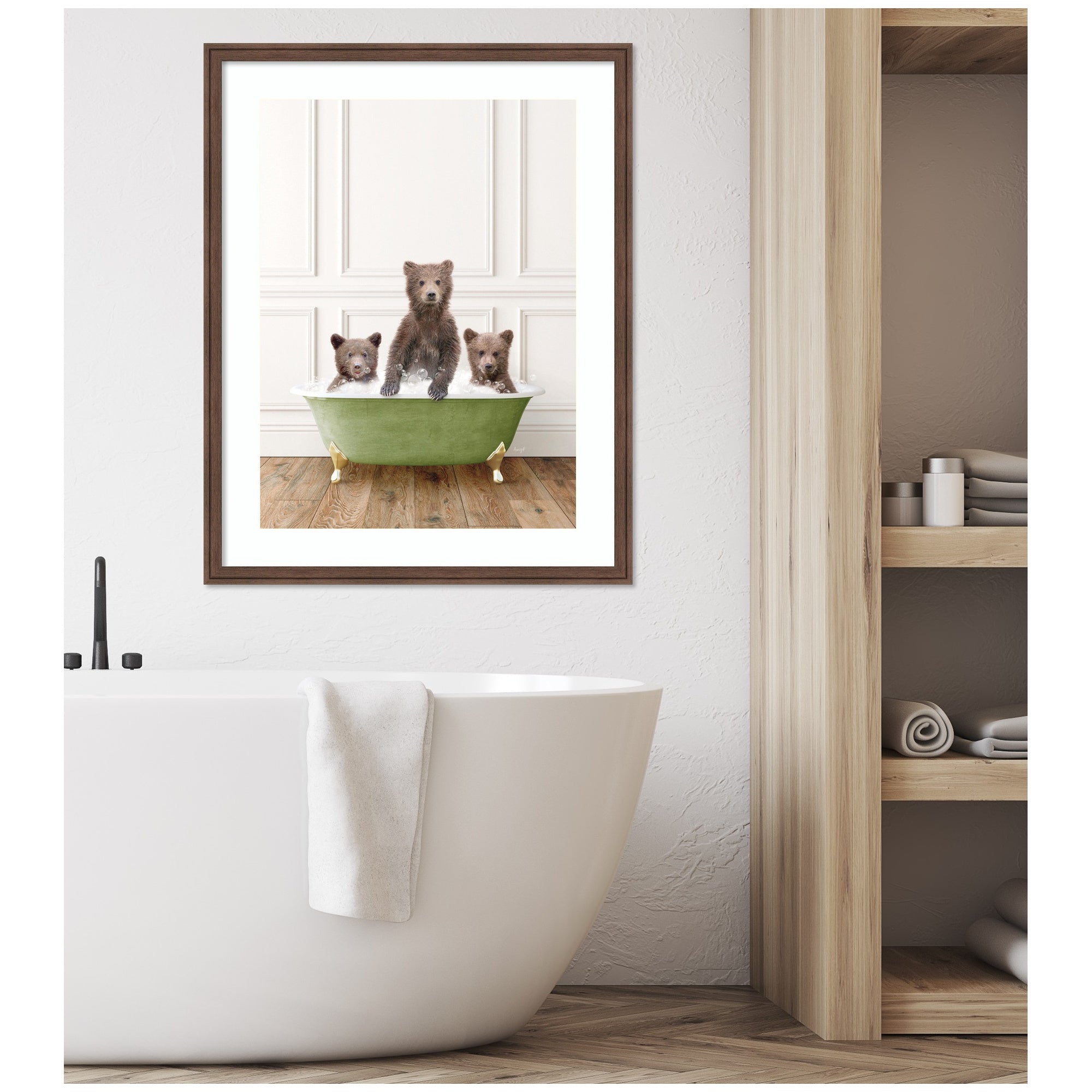 Three Bear Cubs in Bathtub Framed Wall Art Print