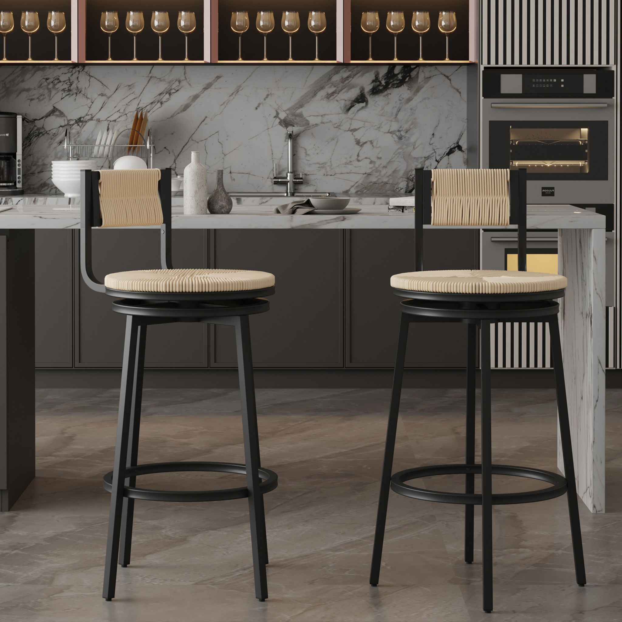 Swivel Paper-Rope Counter Stools — Set of 2