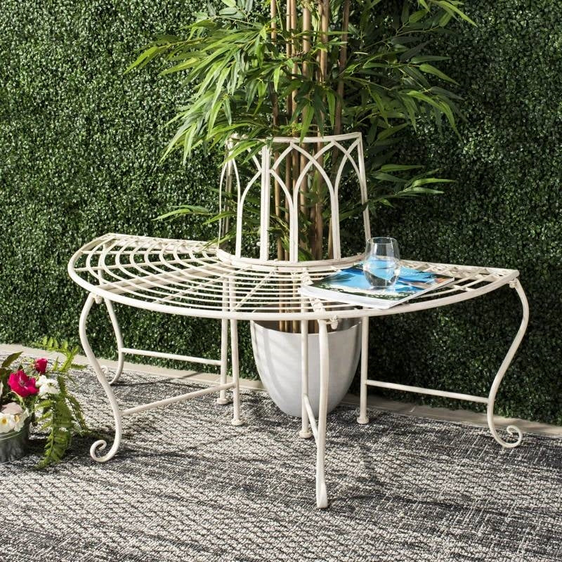 Antique white half-circle wrought iron tree bench by HomePacific