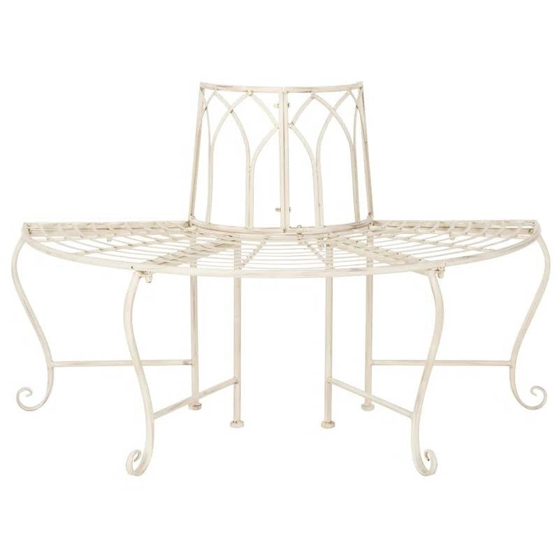 Antique White Half-Circle Wrought Iron Tree Bench