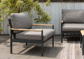 Amber outdoor sofa chair with teak armrests and cushions