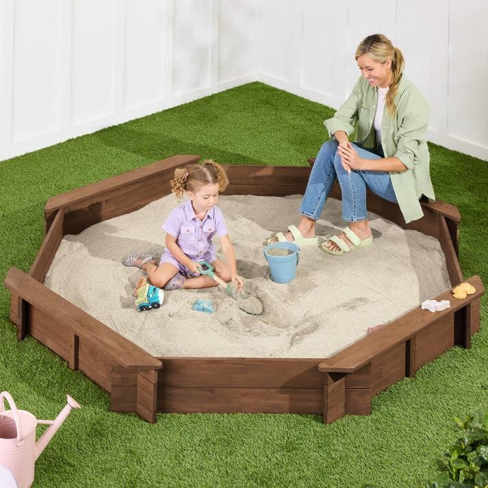 Walnut octagonal outdoor sandbox with cover by HomePacific