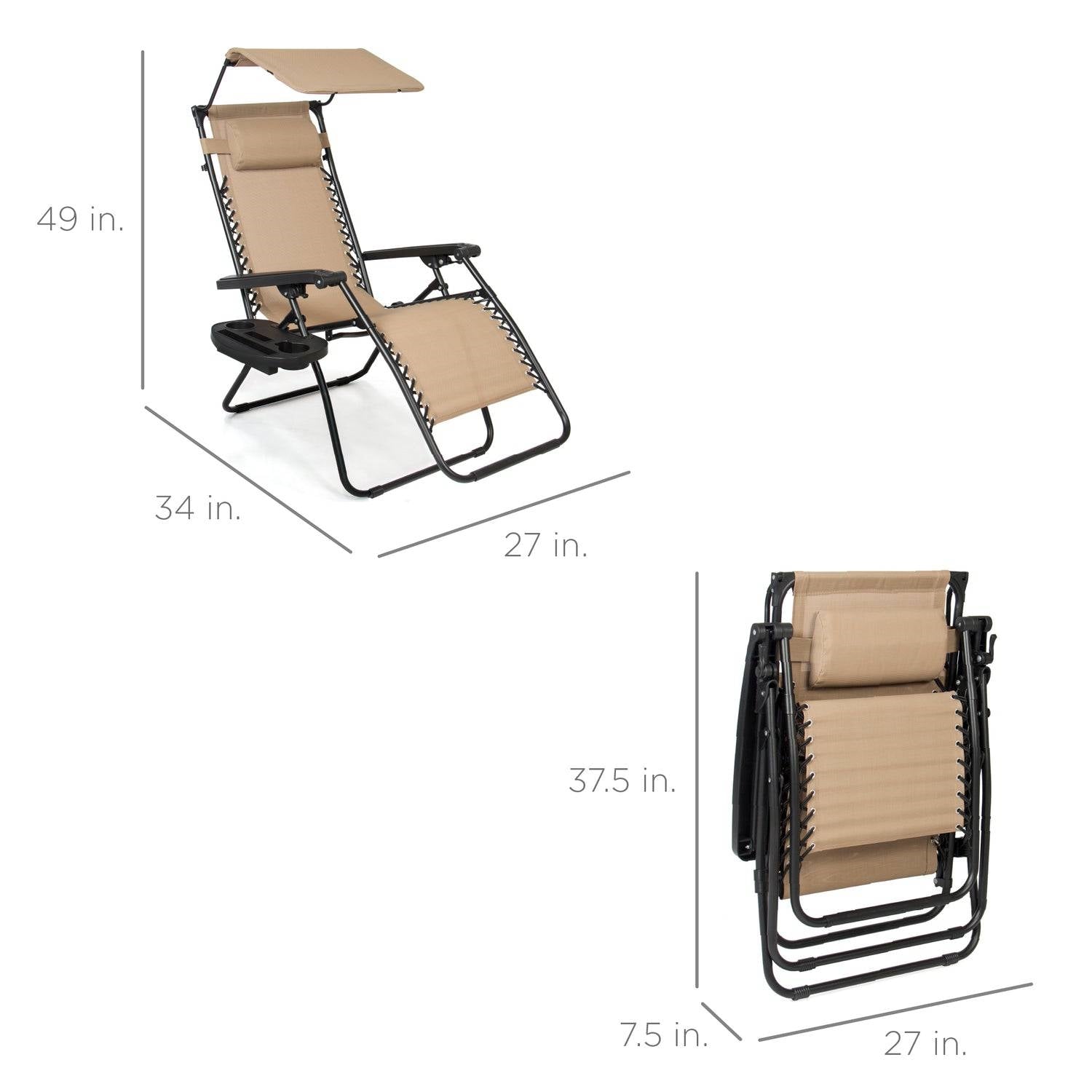 Beige Zero Gravity Folding Lounge Chair with Canopy