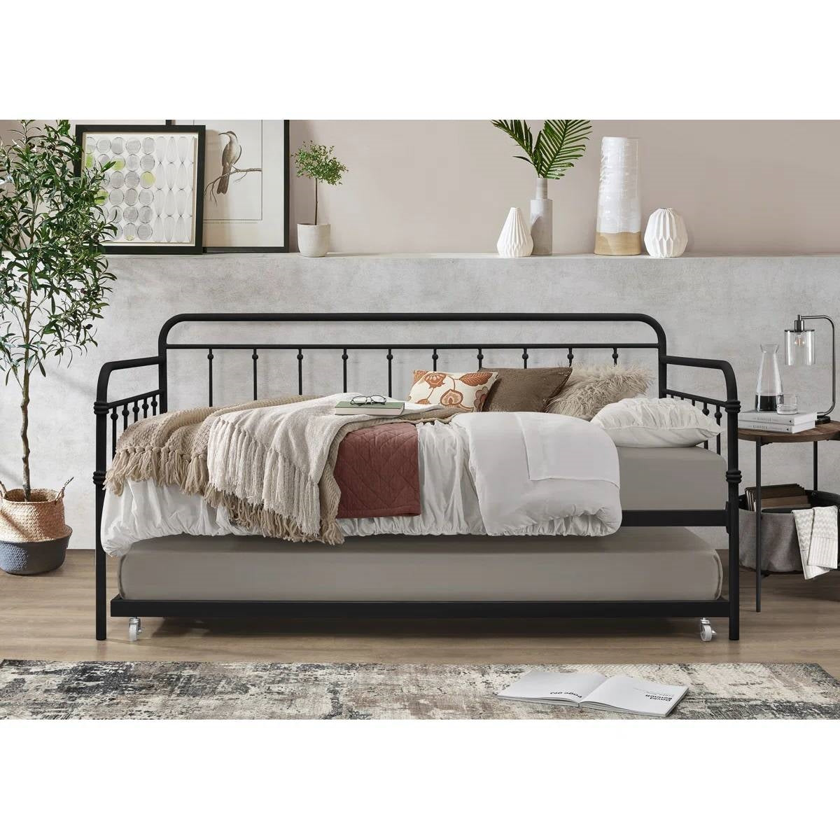 Twin Black Iron Daybed with Roll-Out Trundle
