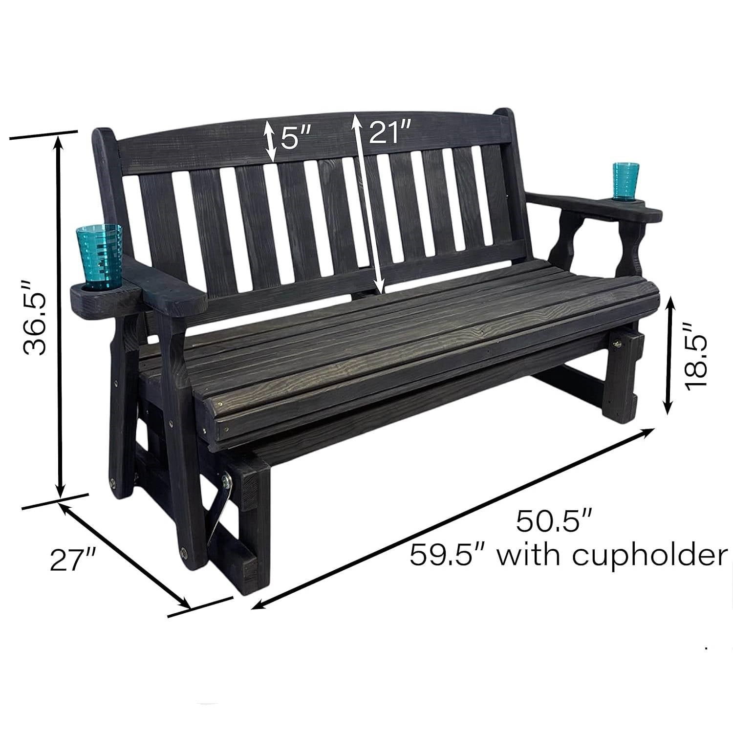 4-Foot Black Porch Glider Bench with Cupholders - Made in USA