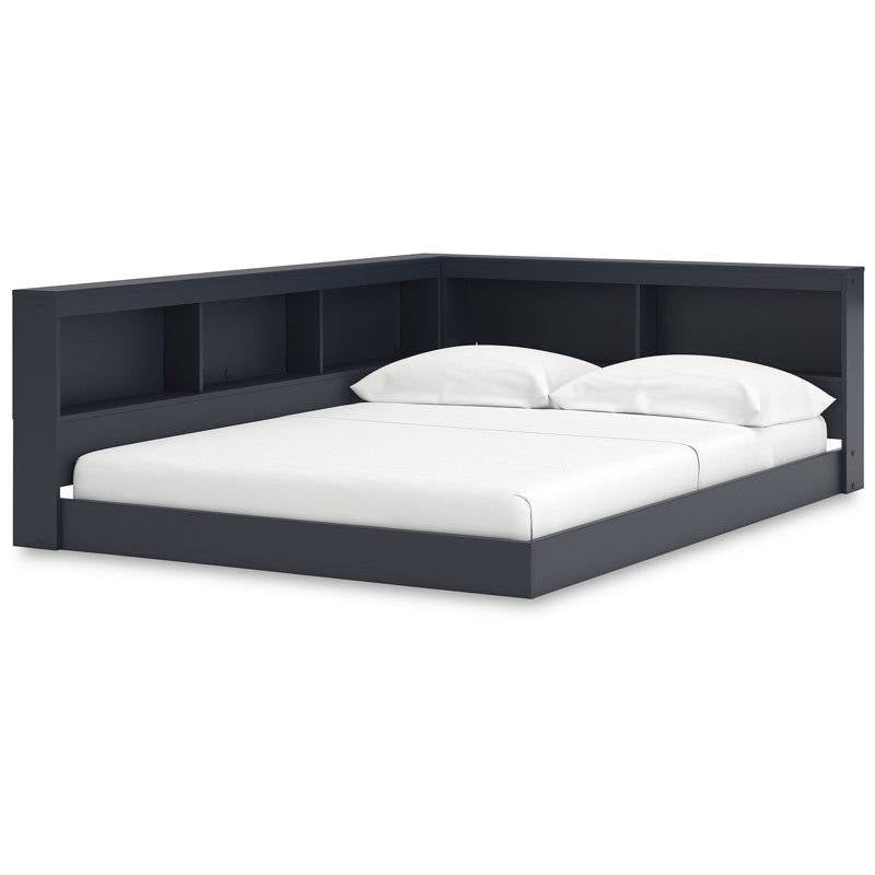 Twin blue corner storage bed with bookcase and USB ports by HomePacific