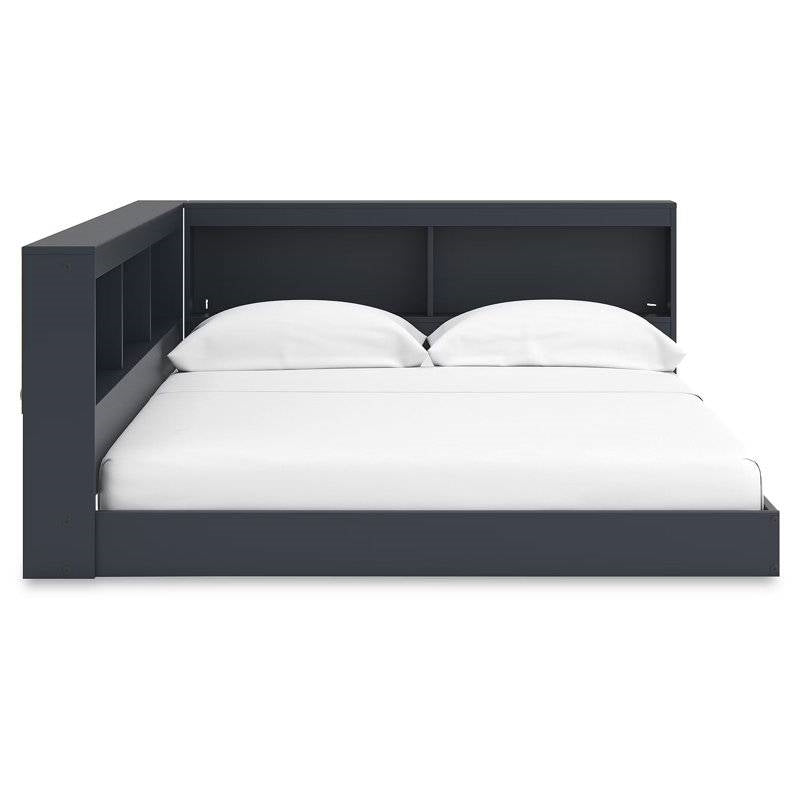Twin Blue Corner Storage Bed with Bookcase & USB Ports