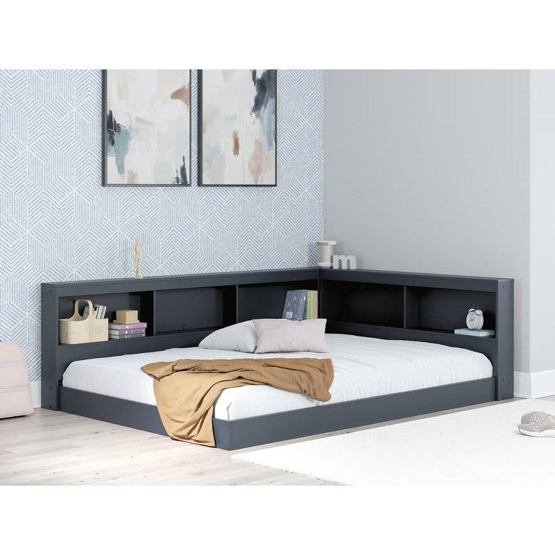 Twin Blue Corner Storage Bed with Bookcase & USB Ports