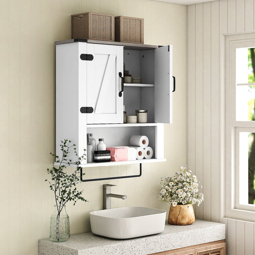 Farmhouse Bathroom Wall Cabinet with Towel Bar - White