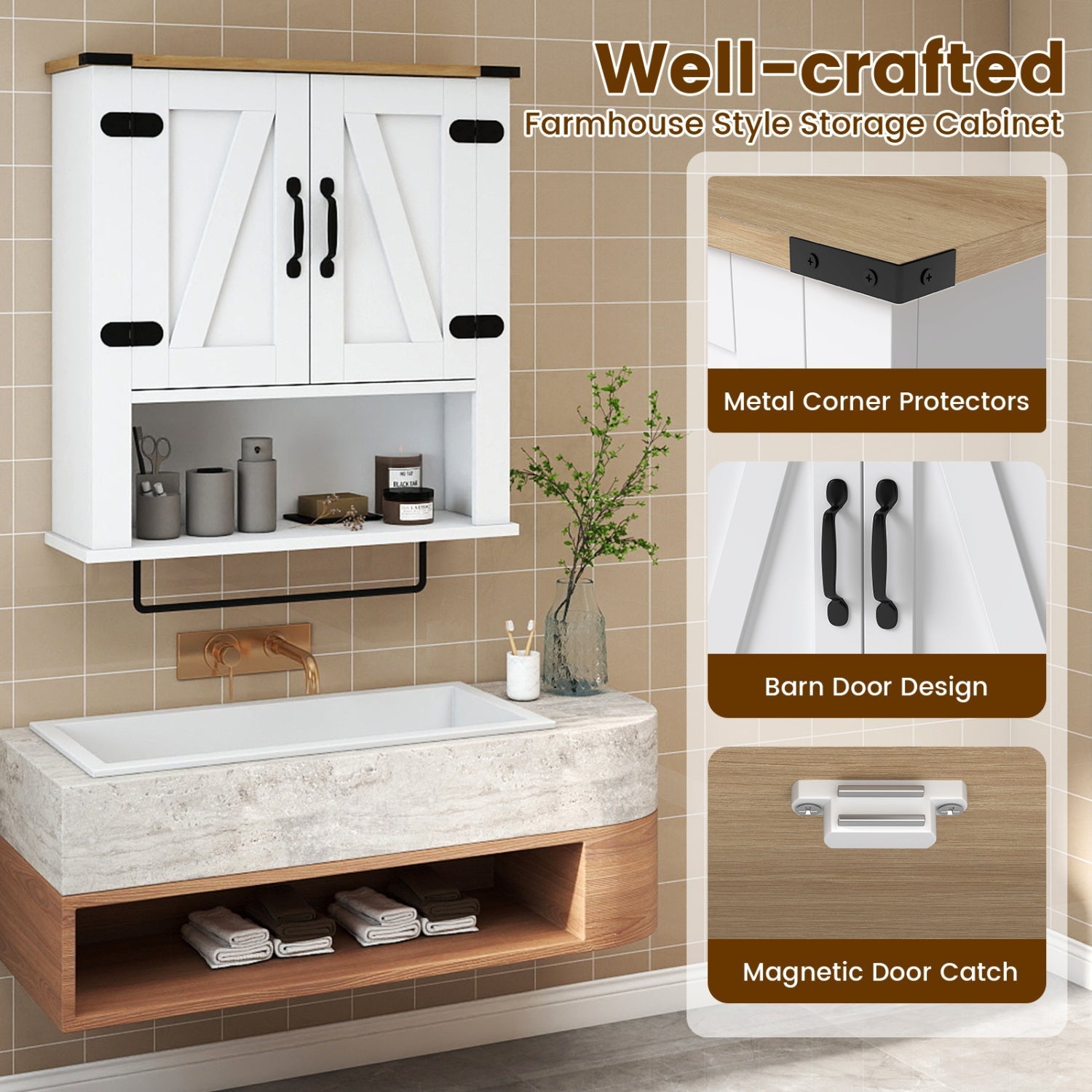 Farmhouse Bathroom Wall Cabinet with Towel Bar - White