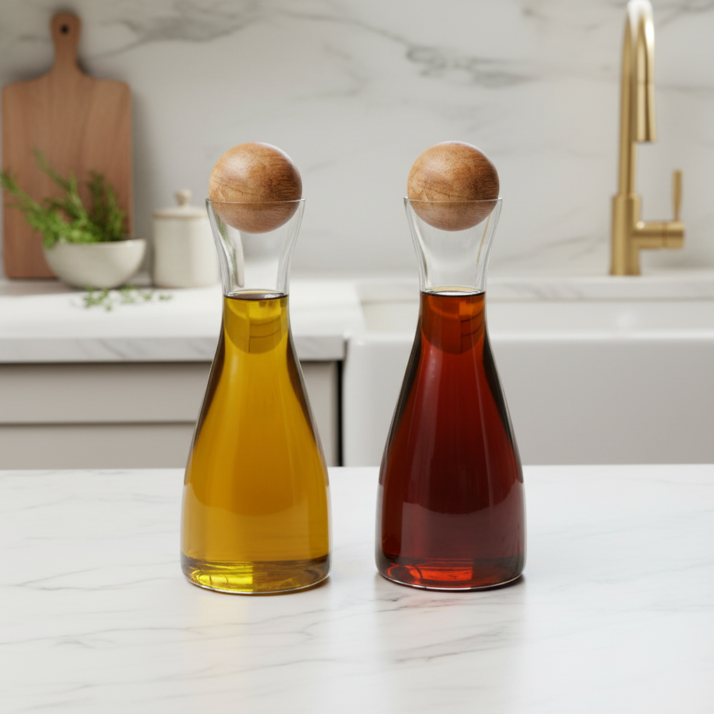 Brisbane Glass + Mango Wood Cruet Set — Set of 2