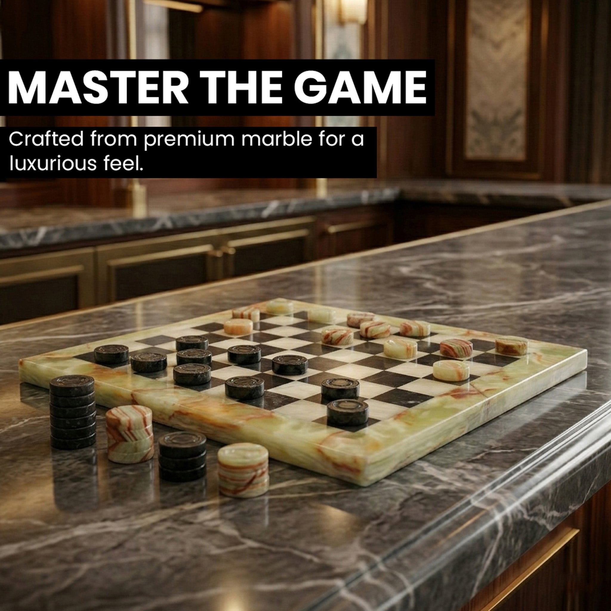 Black & Green Onyx Marble Checkers Set – (32 Premium Luxury Pieces)