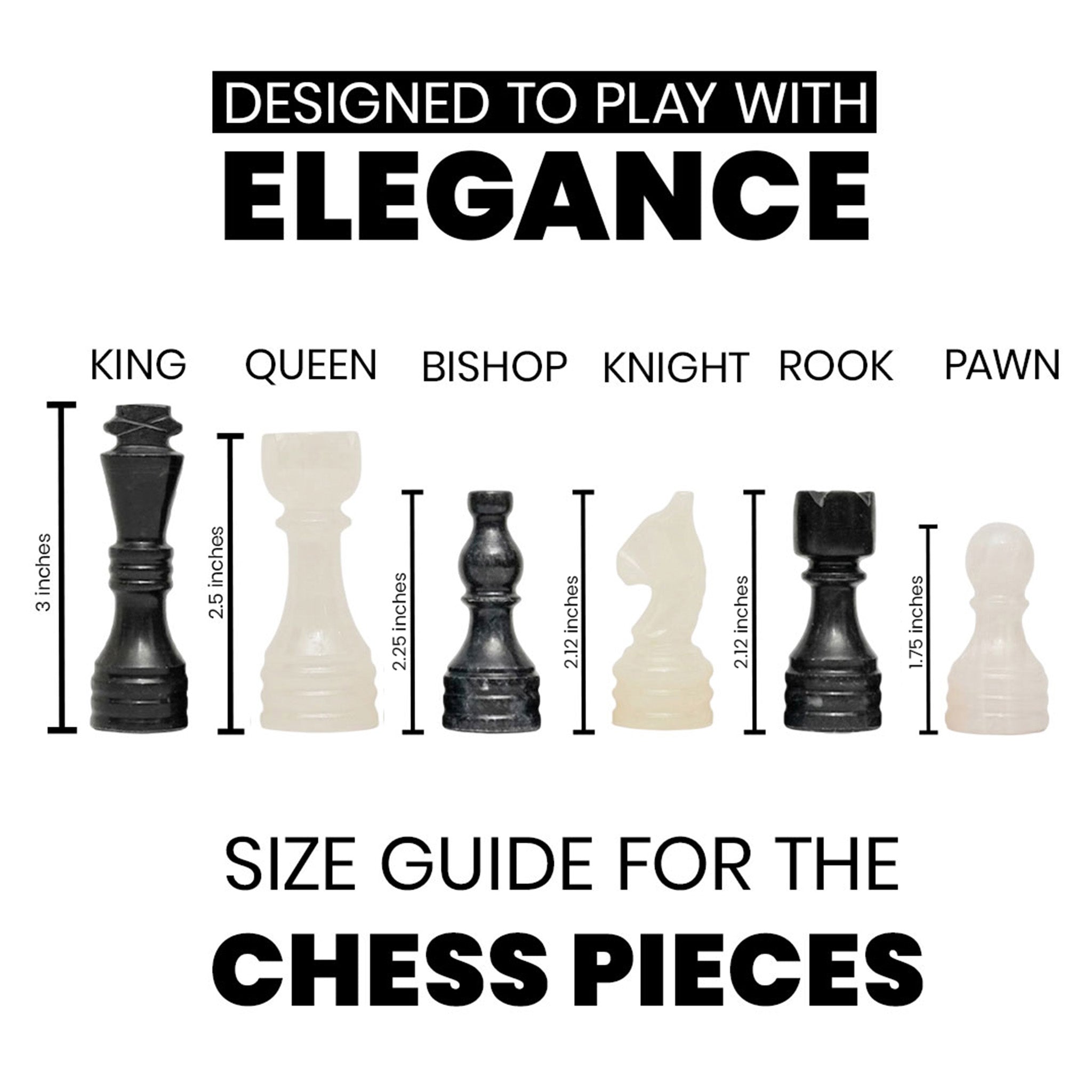Black Onyx Marble Chess Pieces for 12 to 16 Inches Board - Premium (Pieces Only)